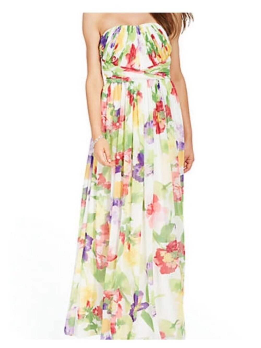 NWT Lauren Ralph Lauren White Floral Chiffon Strapless Gown, Size 4